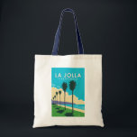 La Jolla California Travel Art Vintage Tote Bag<br><div class="desc">La Jolla in a vector art style. La Jolla, California, is a coastal gem renowned for its pristine beaches, upscale shopping, and stunning ocean views. Nestled in San Diego County, it's a charming enclave that seamlessly combines natural beauty with upscale living, making it a sought-after destination for residents and visitors...</div>