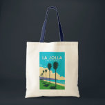 La Jolla California Travel Art Vintage Tote Bag<br><div class="desc">La Jolla in a vector art style. La Jolla, California, is a coastal gem renowned for its pristine beaches, upscale shopping, and stunning ocean views. Nestled in San Diego County, it's a charming enclave that seamlessly combines natural beauty with upscale living, making it a sought-after destination for residents and visitors...</div>
