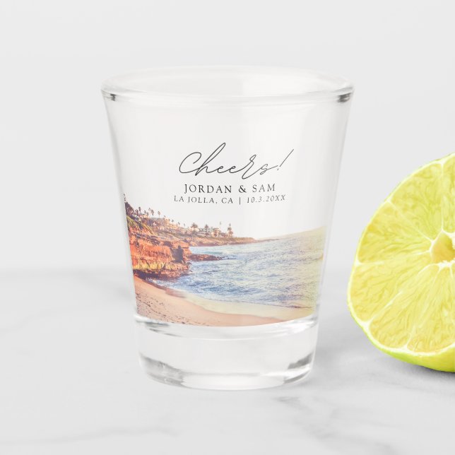 La Jolla Photo Wedding Favor Cheers Shot Glass (Front)