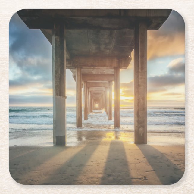 La Jolla, Scripps'S Pier At Sunset | San Diego Square Paper Coaster (Front)