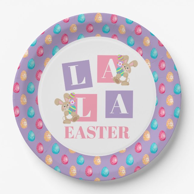 La La Easter Bunny Egg Hunt Party Paper Plates (Front)