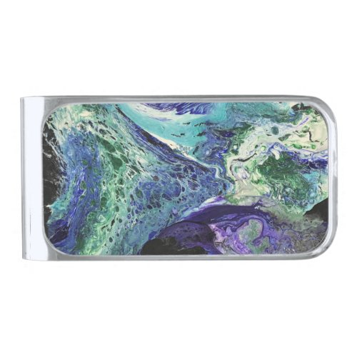 La Laguna 1 painting in blue teal white  Silver Finish Money Clip
