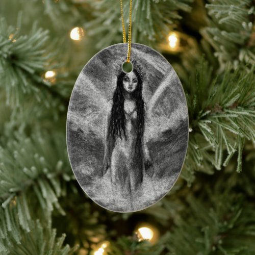 La Luna Dark Angel Fairy Goth Woman Original Art Ceramic Ornament