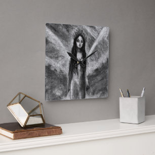 La Luna Dark Angel Fairy Woman Goth Fantasy Art Square Wall Clock