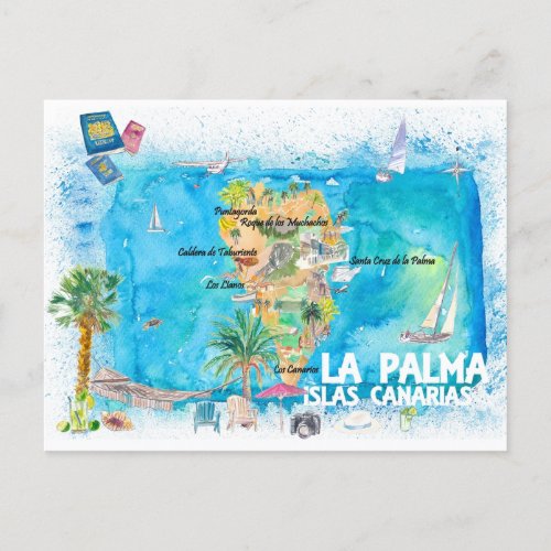 La Palma Illustrated Travel Map with Roads  Postcard