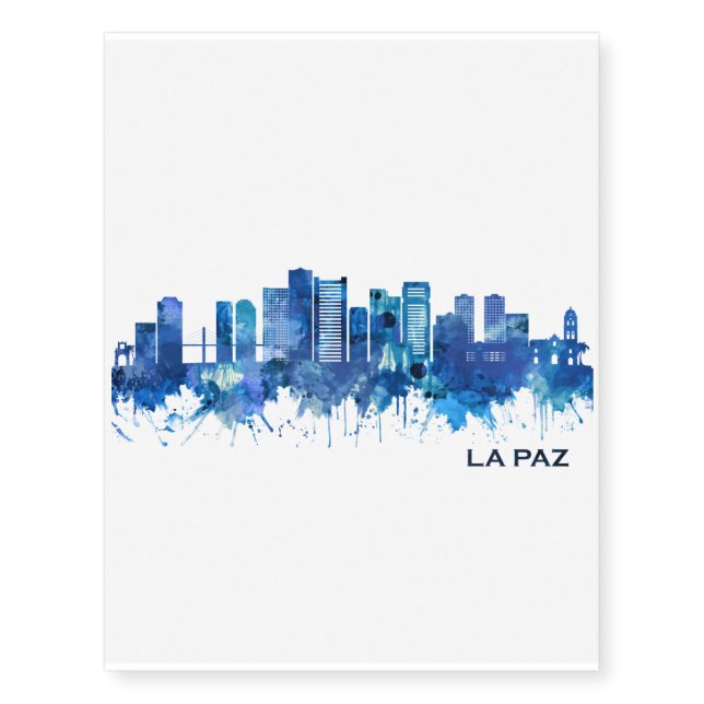 La Paz Bolivia Skyline Blue Temporary Tattoos (Front)