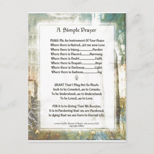 La Piazza Simple Prayer For Peace by St Francis Postcard