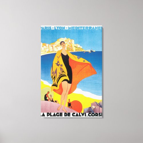 La Plage de Calvi Corse Vintage Travel Poster Canvas Print