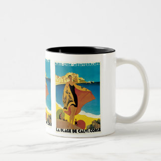 " La Plage de Calvi" Vintage Travel Poster Two-Tone Coffee Mug