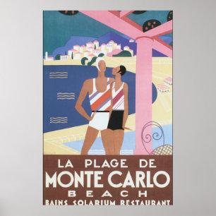 La Plage de Monte Carlo Beach Vintage Travel Poste Poster