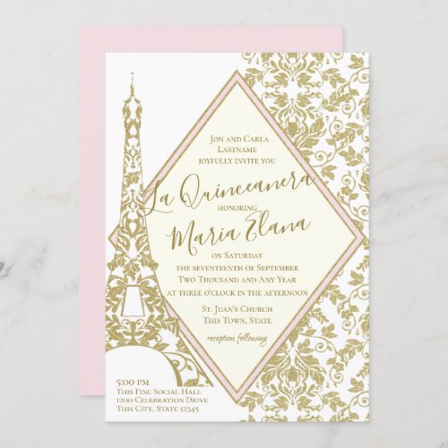 La Quinceanera Blush and Gold Damask Eiffel Tower Invitation