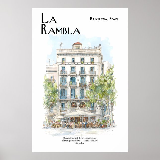 La Rambla Poster  Barcelona Spain Street Scene (Front)