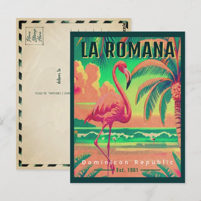La Romana Beach DR Retro Flamingos Souvenir 1960s Postcard (Front/Back)