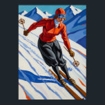 LA SKIEUSE (The Skier) - Original Art Deco Artwork Poster<br><div class="desc">A dynamic Art Deco oil painting depicting a chic flapper gracefully skiing down a slope,  her stylized geometric form in a vibrant red jacket defined by dramatic chiaroscuro lighting against a majestic mountain landscape.</div>