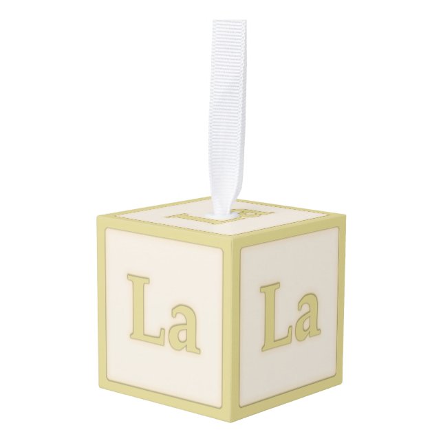 "La" Solfeggio Musical Baby Blocks Yellow Cube Ornament (Front Angled)