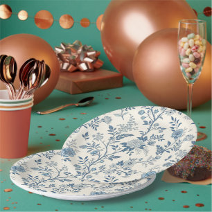 La toile de Jouy Blue Vintage Floral Pattern Paper Plates