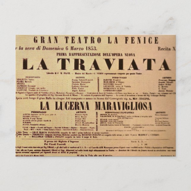 La Traviata World Premiere Poster (1853) Postcard (Front)