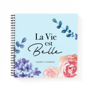 La vie est belle floral watercolors blue notebook