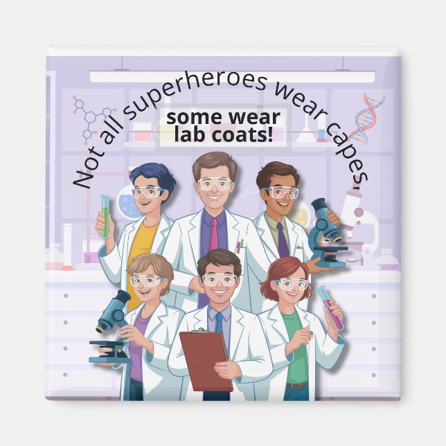 Lab Coat Wearing Superheroes Funny Science Magnet (Front)