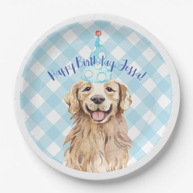 Lab Dog Birthday Party Personalized Plate Gingham (Front)
