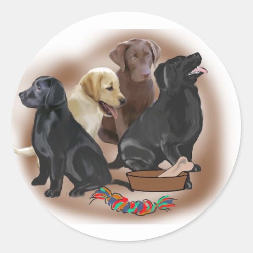 Lab puppies with toys classic round sticker