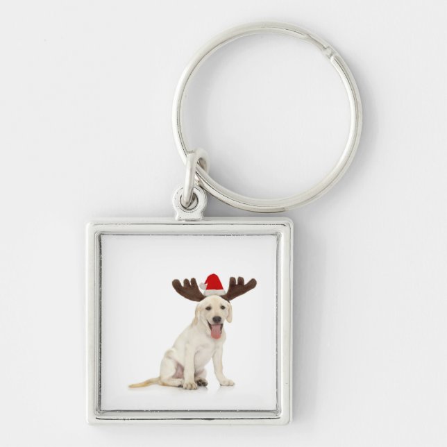 Lab Puppy Wearing Antlers Keychain (Front)