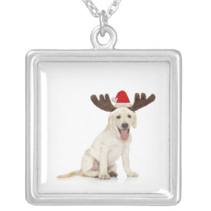 Lab Puppy Wearing Antlers Silver Plated Necklace