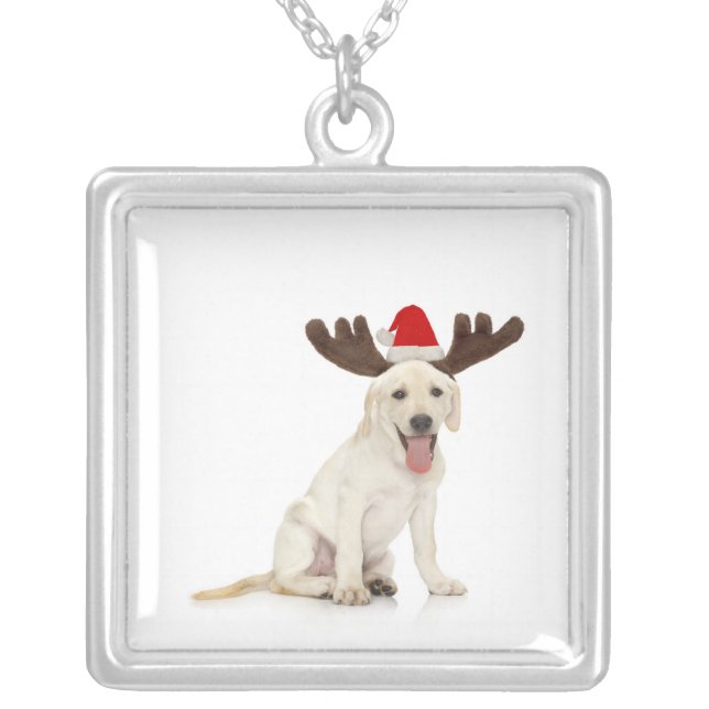 Lab Puppy Wearing Antlers Silver Plated Necklace (Front)