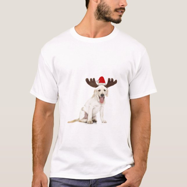 Lab Puppy Wearing Antlers T-Shirt (Front)