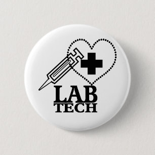 LAB TECH HEART SYRINGE LOGO - LABORATORY SCIENTIST BUTTON