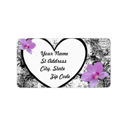 Label Black and  White Heart Pink Orchids Label