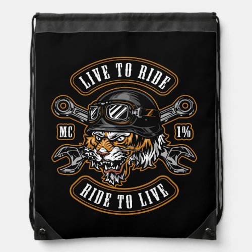 label with angry tiger head in biker helmet and go drawstring bag
