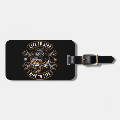 label with angry tiger head in biker helmet and go luggage tag