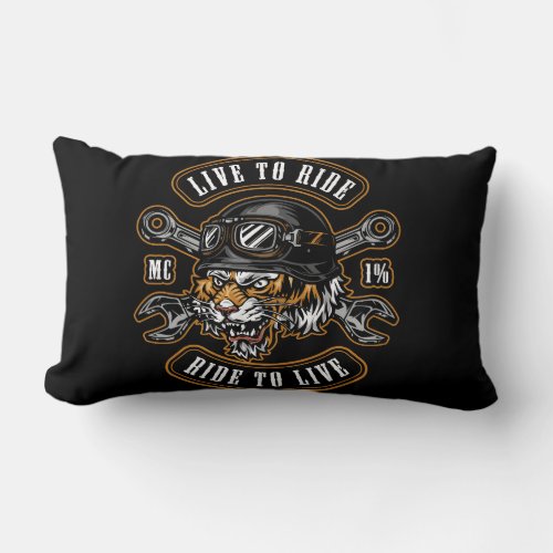 label with angry tiger head in biker helmet and go lumbar pillow