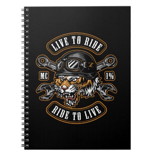 label with angry tiger head in biker helmet and go notebook