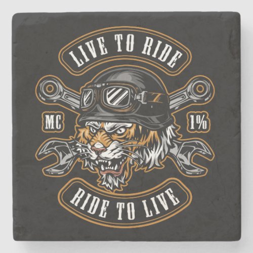 label with angry tiger head in biker helmet and go stone coaster