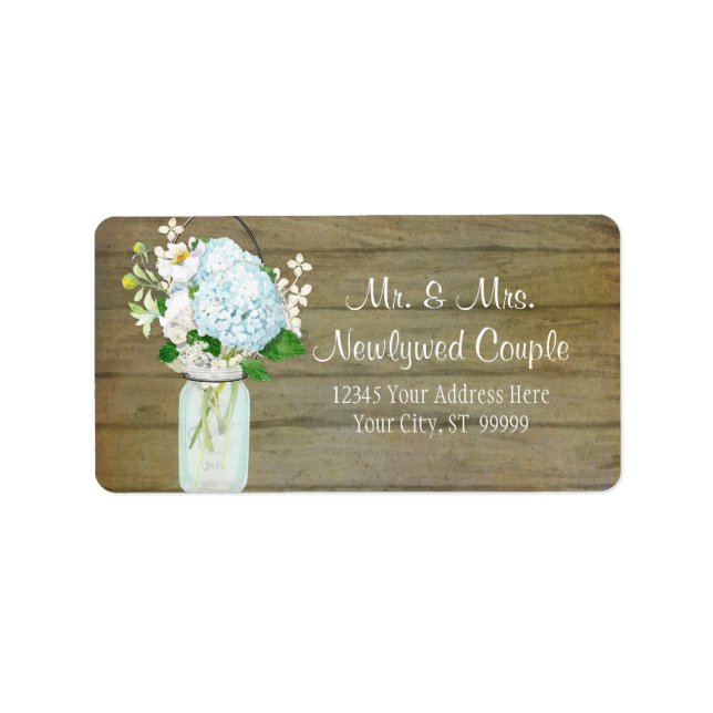 Labels Rustic Country Mason Jar Blue Hydrangeas (Front)