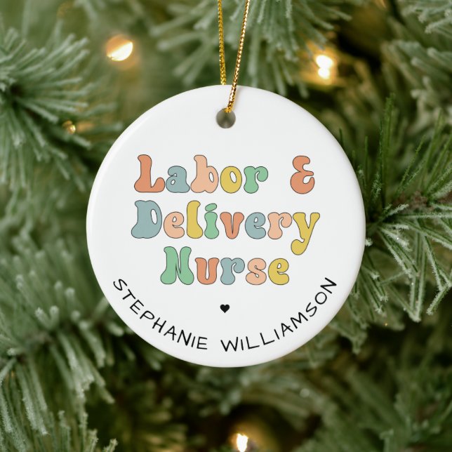 Labor and Delivery Nurse Groovy Retro Ceramic Ornament (Tree)