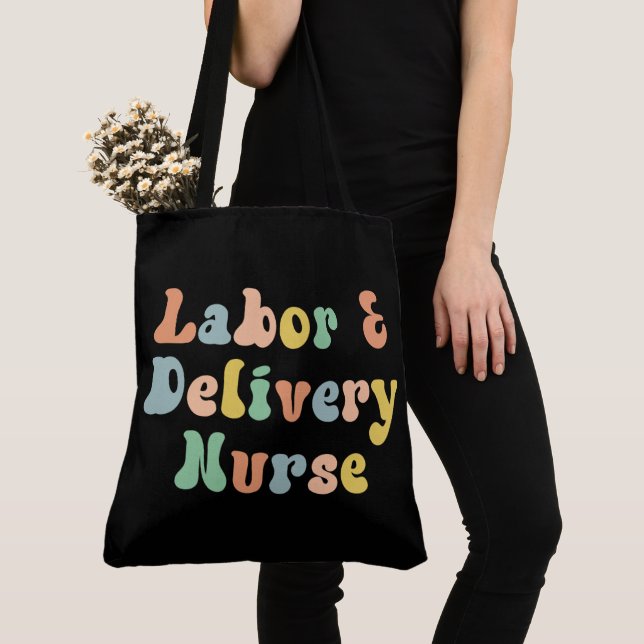 Labor and Delivery Nurse Groovy Retro Tote Bag (Close Up)
