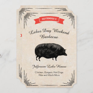 Labor Day Barbecue BBQ Picnic Black Vintage Pig Invitation
