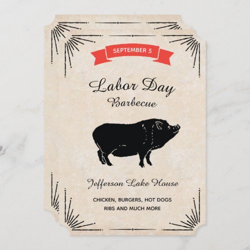 Labor Day Barbecue BBQ Picnic Black Vintage Pig Invitation