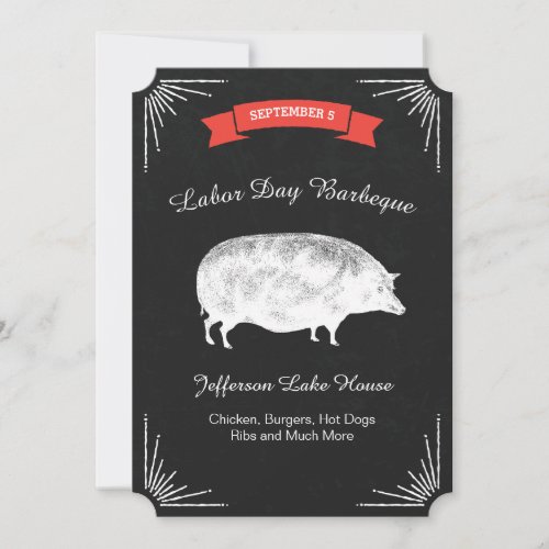 Labor Day Barbeque BBQ Picnic Black Vintage Pig Invitation