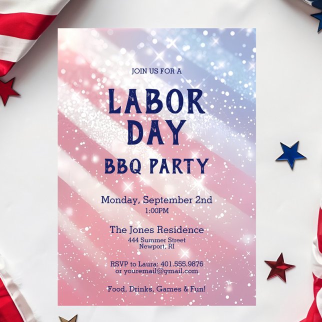 Labor Day BBQ Party Red White Blue Patriotic Invitation (Labor Day BBQ Party Invitation - Patriotic Summer Cookout in Glitter Red, White & Blue)