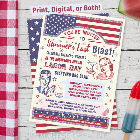 Labor Day Bbq Party | Retro Patriotic Summer Blast Invitation