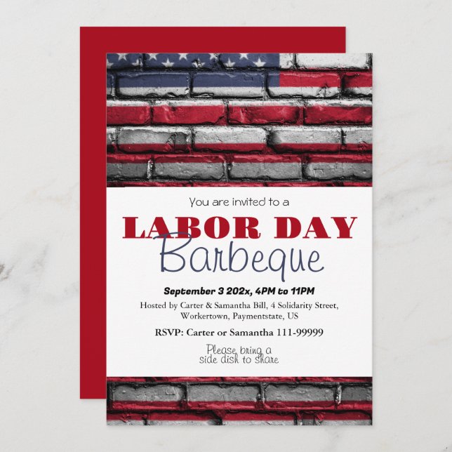 Labor Day BBQ Party Worker Patriotic American flag Invitation (Front/Back)