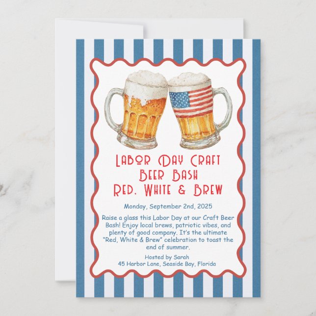 Labor Day Craft Beer Bash – Red, White, brew Invitation (Front)