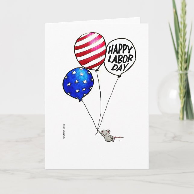 Labor Day - Flying mouse with balloons. Card (Front)