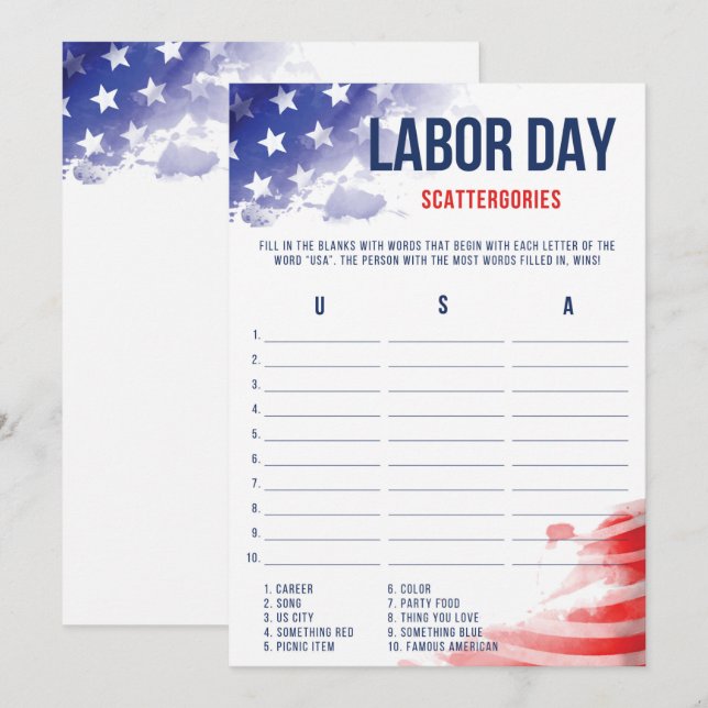 Labor Day Games Patriotic USA Scattergories Game (Front/Back)