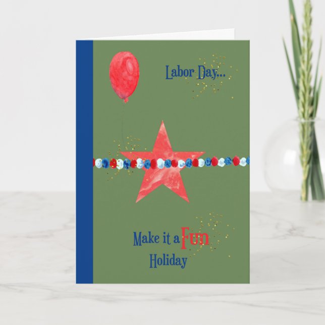 Labor Day, Green with Star, Balloon, Faux Glitter Card (Front)