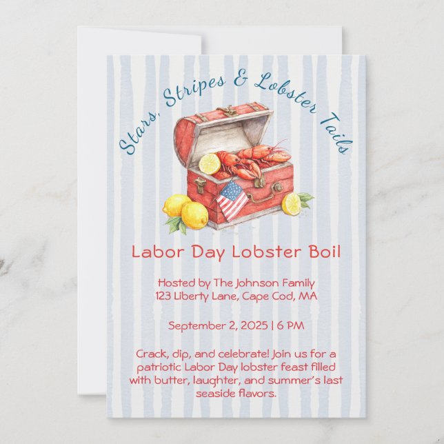 Labor Day Lobster Boil Invitation – Patriotic Sea (Front)